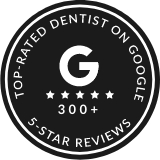Top rated dentist on Google over 300 5 star reviews badge