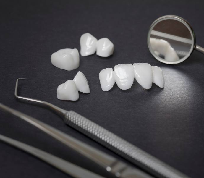 Several white dental crowns and veneers on table next to dental mirrors