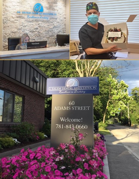 Collage featuring dental team members and outside of Braintree dental office