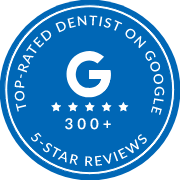 Badge that reads top rated dentist on Google over 300 5 star reviews
